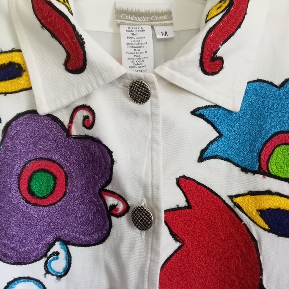Coldwater Creek Embroidered Jacket Tropical Floral White Cotton Denim Buttons M - Picture 5 of 8